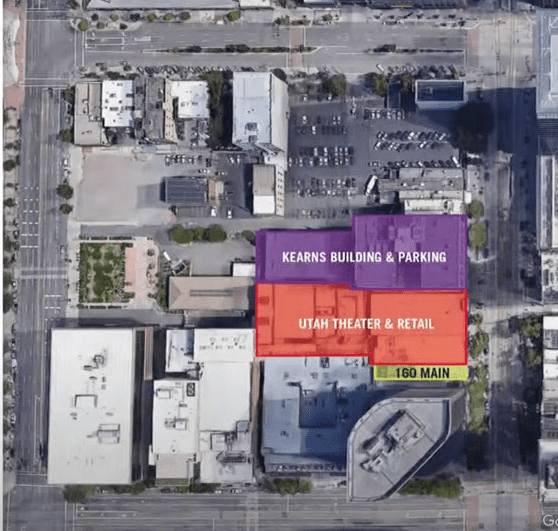 Salt Lake City redevelopment map showing current location of Utah Theater and retail