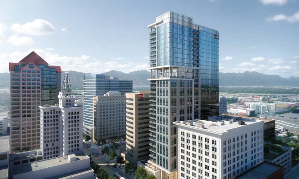 Rendering of Hines 150 S Main St Redevelopment plan in Salt Lake City to replace the Utah Theater and retail